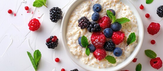 Rice pudding with raspberries and blueberries