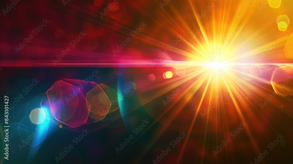 Poster warm and abstract colorful light effect background created by digital lens flare on a black backgrou