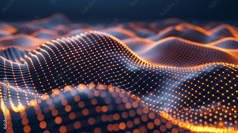 Poster glowing particles create futuristic orange and blue waves against a dark background