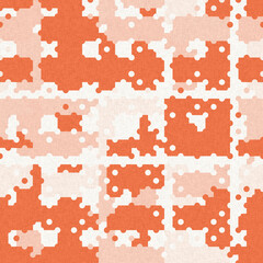 Faded peach fuzz glitch geo washed effect seamless pattern. Orange dye grungy blotched distress abstract background texture repeat. 