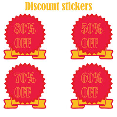 Discount stickers and vector illustrations, with English typography, are isolated on a white background. Fully editable EPS file.