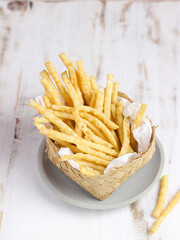 Stik keju or cheese stick crackers made from flour,cheese and egg