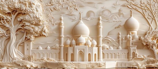 Beautiful mosque 3d relief wallpaper. Mural wallpaper. Wall art. AI generated illustration.