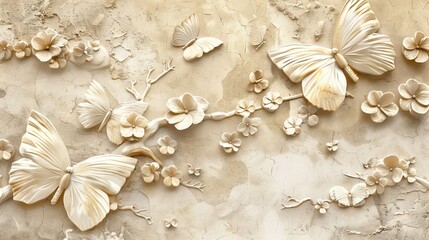 Beautiful butterfly 3d relief wallpaper. Mural wallpaper. Wall art. AI generated illustration.