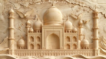 Beautiful mosque 3d relief wallpaper. Mural wallpaper. Wall art. AI generated illustration.