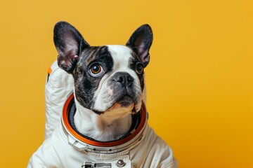 Cute dog in a spacesuit on a yellow background