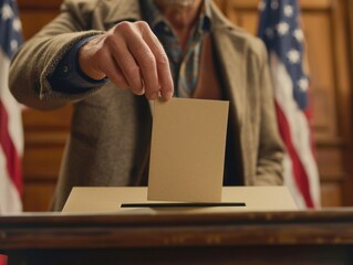 Voter placing a ballot into a box symbolizing the act of voting in an election with American flags in the background