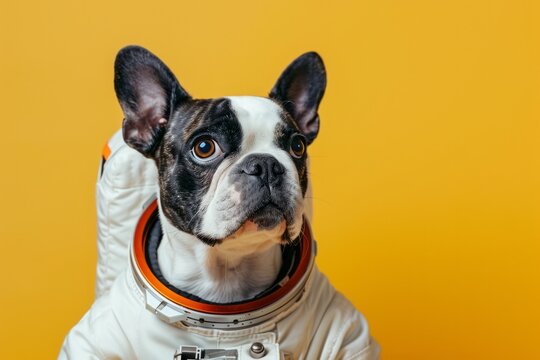 Cute dog in a spacesuit on a yellow background