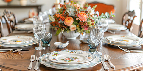 Fototapeta premium Elegant Table Setting with Floral Centerpiece - Generative AI