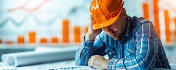 Construction worker resting on plans