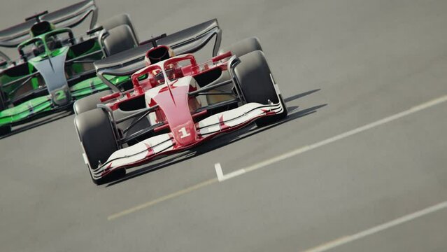 Generic formula one race cars racing along the homestretch over the finish line. Dynamic front view camera. Multiple race cars. High quality 3d animation