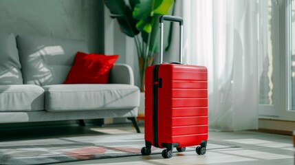 Red Suitcase in Modern Living Room. Generative ai.