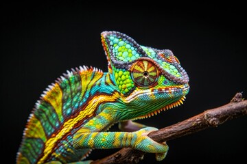 Obraz premium Close-up of Chameleon lizard's intricate skin patterns against a black background - reptile studies - zoology - wildlife art