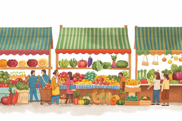 A group of people are shopping at a market with a variety of fruits