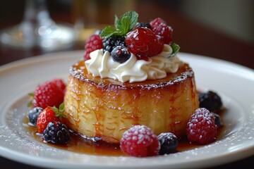 Baba au Rhum A Baba au Rhum soaked in rum syrup, topped with whipped cream and fresh berries. Served on a white plate. 