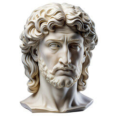 Masterful Gypsum Jesus Christ Head Statue. Reproduction of Michelangelo's Jesus Christ Head in Plaster, Isolated on White Background. Greek Heroic Sculpture