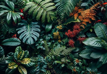 Botanical display showcasing a variety of tropical leaves creates a rich tapestry of colors and textures found in the tropical landscape, while fern plants and monstera thrive amidst verdant greenery
