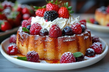 Baba au Rhum A Baba au Rhum soaked in rum syrup, topped with whipped cream and fresh berries. Served on a white plate. 