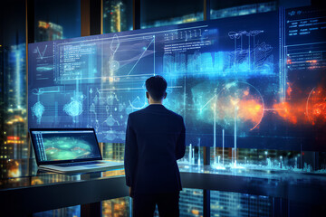 Big data analytics with AI technology. Data analyst analyzing and visualizing complex. Machine learning algorithm for business analytics and finance