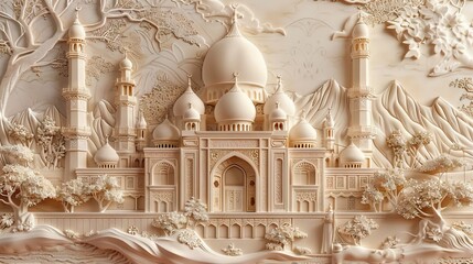 Beautiful mosque 3d relief wallpaper. Mural wallpaper. Wall art. AI generated illustration.