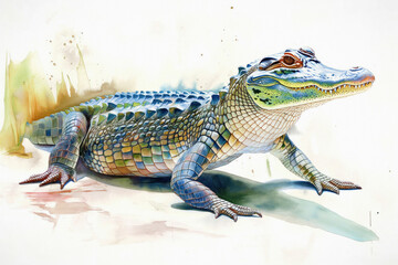 Naklejka premium Alligator. Vivid watercolor depiction. Swimming against a clean white background. Artistic portrayal of the fearsome predator. Abstract strokes merge with hints of lifelike detail.