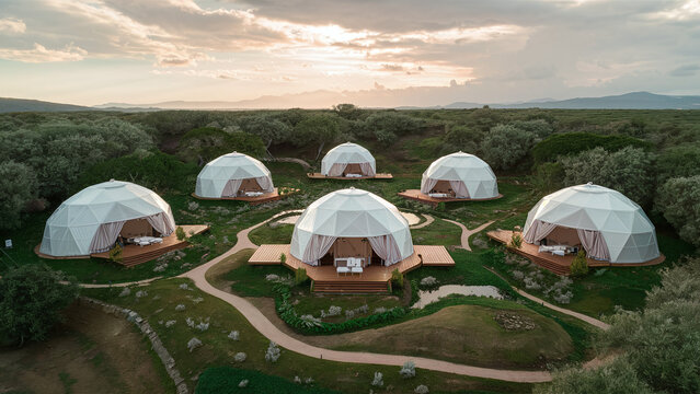 a distributed glamping wooden geodesic domes in the hills, indie alternative eco-friendly vacations, low-impact green architecture, harmony with nature