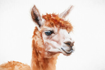 Fototapeta premium Alpaca. Vivid watercolor depiction. Standing against a clean white background. Artistic portrayal of the fluffy camelid. Abstract strokes merge with hints of lifelike detail.