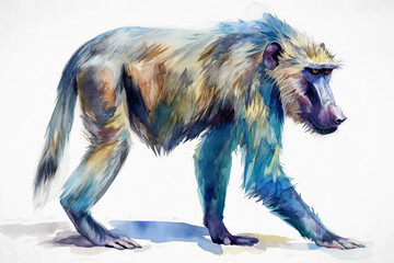 Fototapeta premium Baboon. Watercolor illustration style. Gazing against a white backdrop. Creative conceptual primate artistry. Abstract brush strokes with a touch of untamed realism