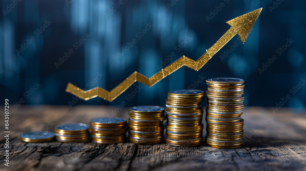 Poster conceptual image of increasing coin stacks and upward arrow representing profit or economic success
