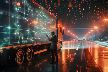 A composite image of a businessman engaging with advanced technology and a truck on a highway reflects the seamless merging of global data networks and logistics