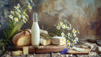 Dairy products, bread, bottles of milk, on the table by the window. Concept of the Jewish holiday Shavuot.
