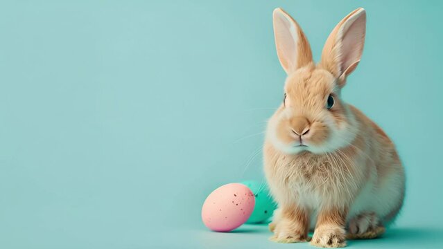 Easter bunny with colorful eggs on pastel spring background. Holiday greeting card
