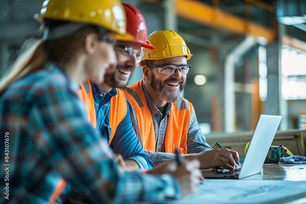 Wall mural construction workers collaborate on laptop in industrial setting