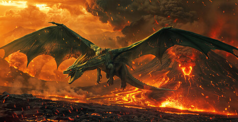A majestic green dragon is flying in front of an epic erupting volcano
