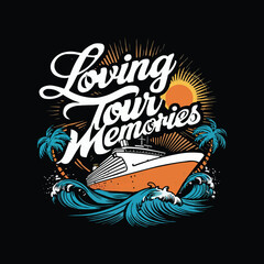 Retro cruise vibrant colors waves with typography sun and palm trees