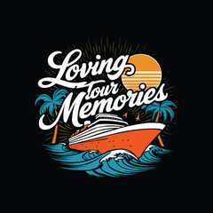 Fototapeta premium Retro cruise vibrant colors waves with typography sun and palm trees