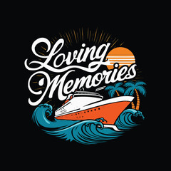 Retro cruise vibrant colors waves with typography sun and palm trees