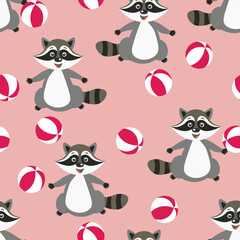 Vector seamless repeating childish pattern with cute raccoon in doodle style. Animals background for invitation, poster, card, flyer, textile, fabric