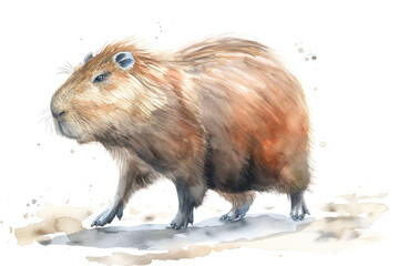 Capybara. Vivid watercolor portrayal. Isolated on a pristine white backdrop. Artistic interpretation of nature's gentle giant. Abstract strokes combined with realistic details.