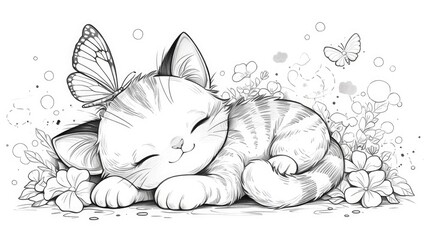 Print a cute hand drawn cat with a butterfly doodle to color on the pages