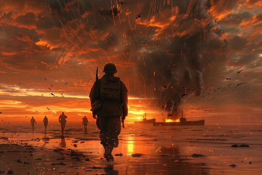 A dramatic war scene on a beach during sunset with soldiers walking towards the horizon, amidst flying sparks and debris, as a ship burns in the background under a fiery sky filled with dark smoke