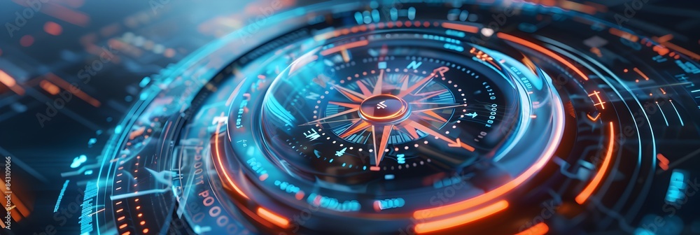 Poster a futuristic compass with digital holographic elements, glowing in neon blue and orange tones agains