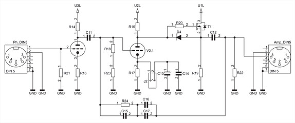 Schematic diagram of electronic device on sheet of paper.  Vector drawing electrical circuit with connector,
resistor, capacitor, diode, lamp, other components.