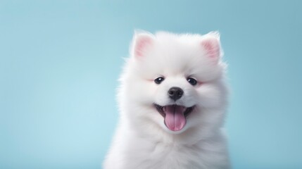 Obraz premium A puppy on pastel background. Copy space.