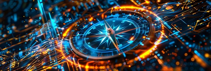 A futuristic compass with digital holographic elements, glowing in neon blue and orange tones against an abstract background of circuit boards and data streams
