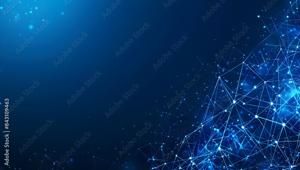Poster abstract blue background with glowing connections and network lines, representing global connectivit