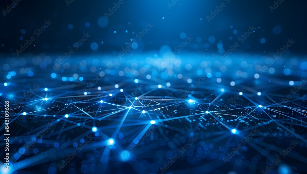 Poster abstract blue digital background with glowing network connections and nodes on dark backdrop, in the