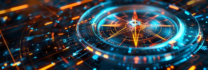 Abstract futuristic compass with digital lines and glowing elements on a dark background, symbolizing technology innovation for marketing or business direction concepts
