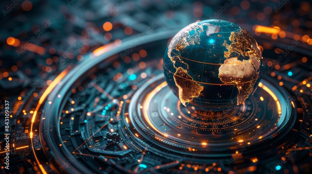 Poster digital globe with illuminated continents on a technological background. globalization and technolog