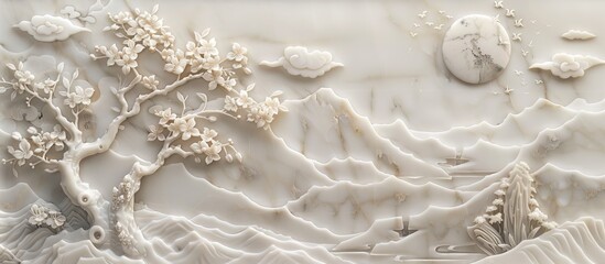 3d Chinese landscape Wallpaper Background golden art for digital printing wallpaper, mural, custom design wallpaper. AI generated illustration